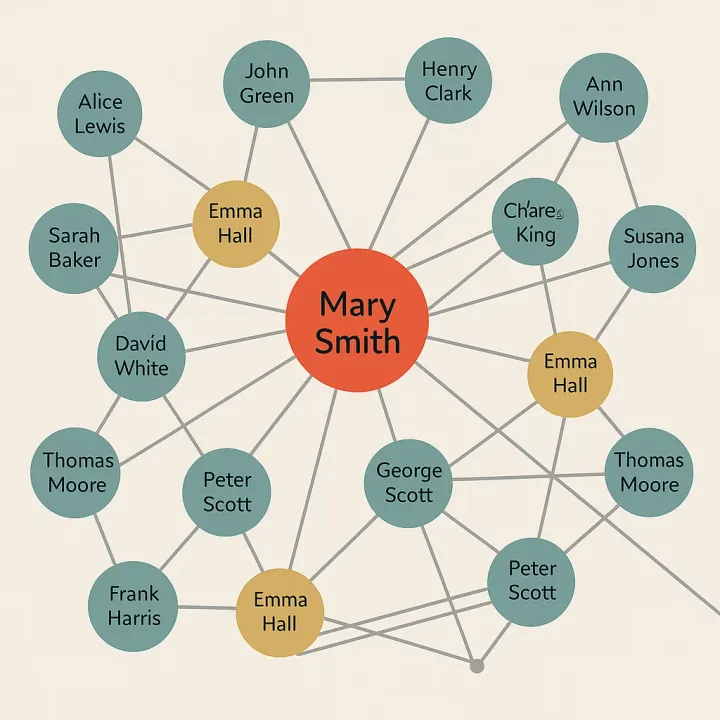 Network diagram illustrating Friends-Associates-Neighbors connections among kin and community